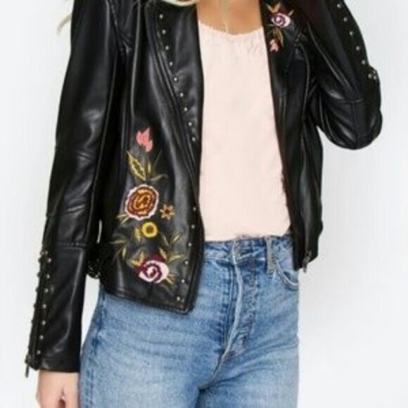 SUGARLIPS  biker jacket faux leather embroidered floral print notched collar NWT - Picture 2 of 7